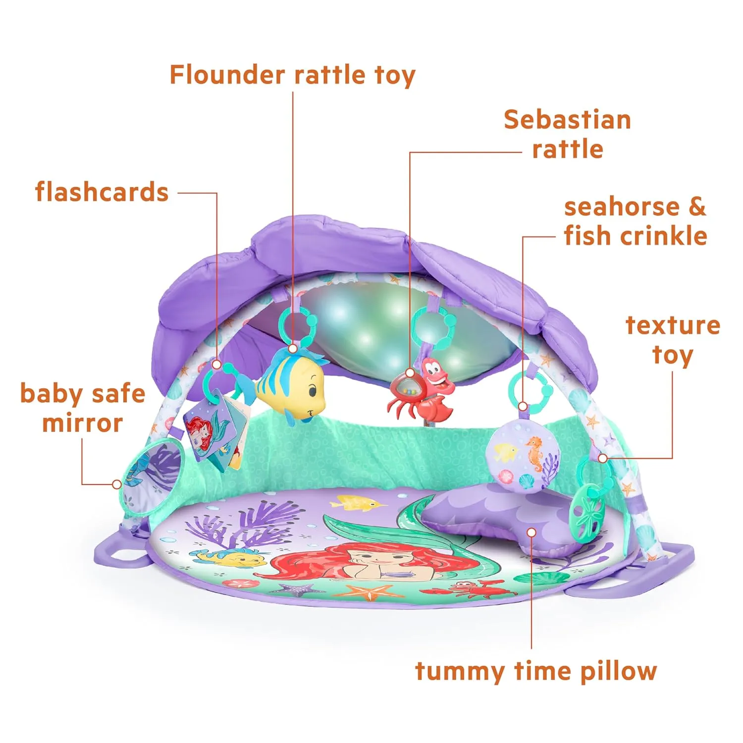 Bright Starts Disney Baby The Little Mermaid Twinkle Trove Light-Up Musical Baby Activity Gym with Tummy Time Pillow, Newborn 