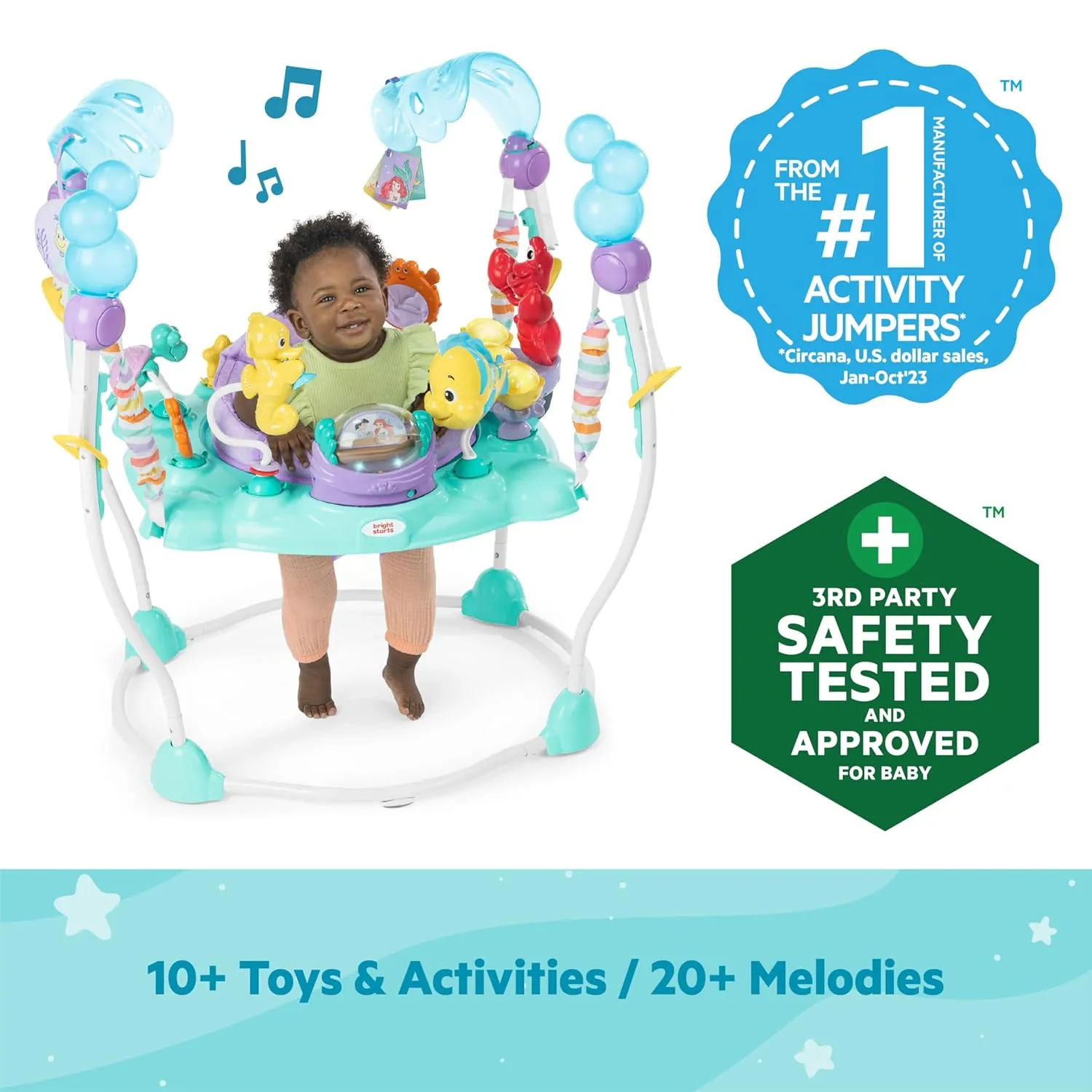 Bright Starts Disney The Little Mermaid Sea of Activities Baby Activity Jumper with Interactive Toys, Lights & Music with Disney Princess Ariel, 6-12 Months (Blue)