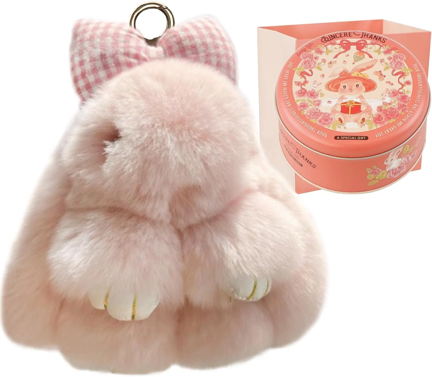 Bunny Lulu Keychain with Tin & Bag Rabbit Fur Bunny Lulu Keychain With Bow for Women Cute Soft Plush Accessory