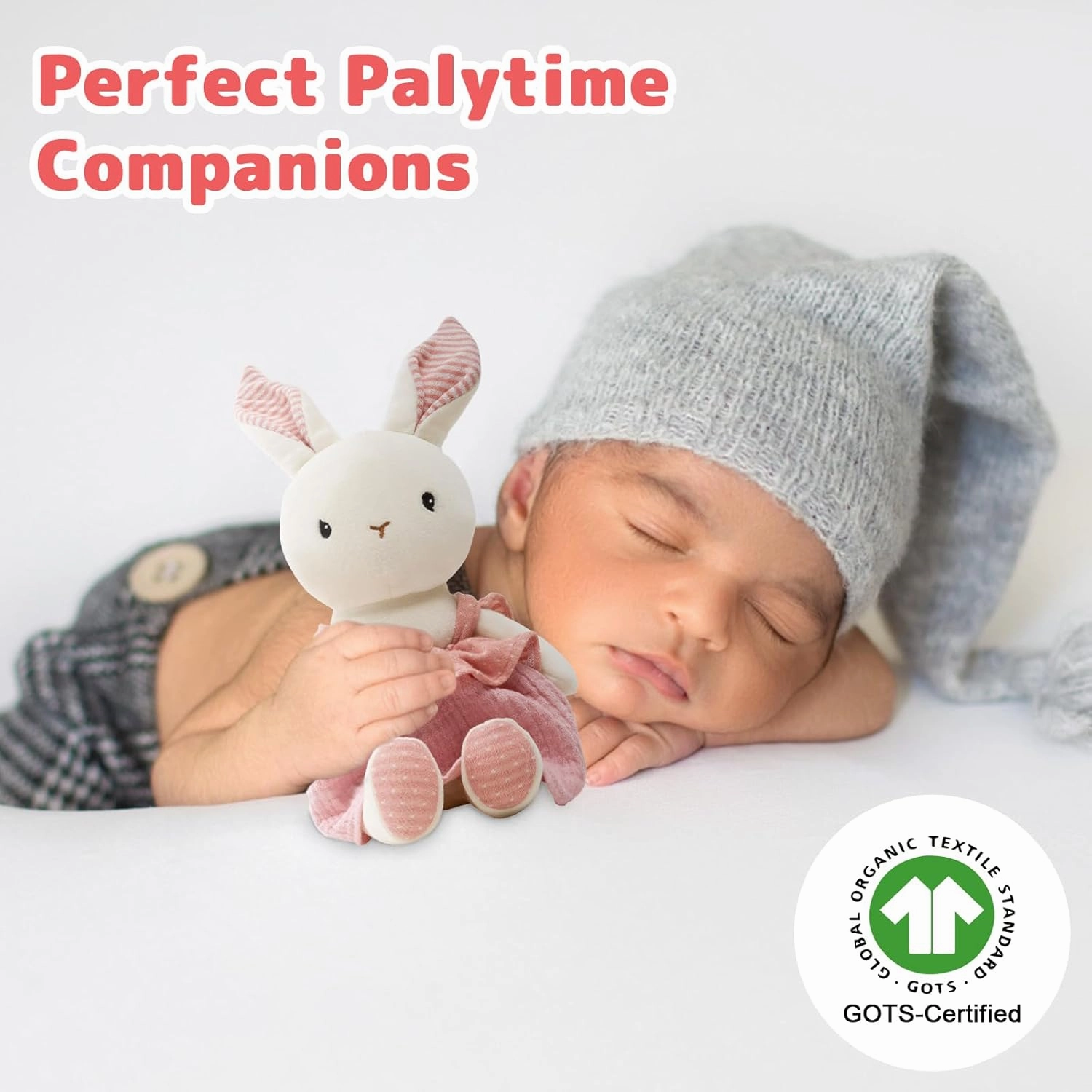 Bunny Stuffed Animal Organic Cotton Baby Plush Toys, 7" Easter Plush Bunny Soft Cuddly Toy for Babies and Toddlers