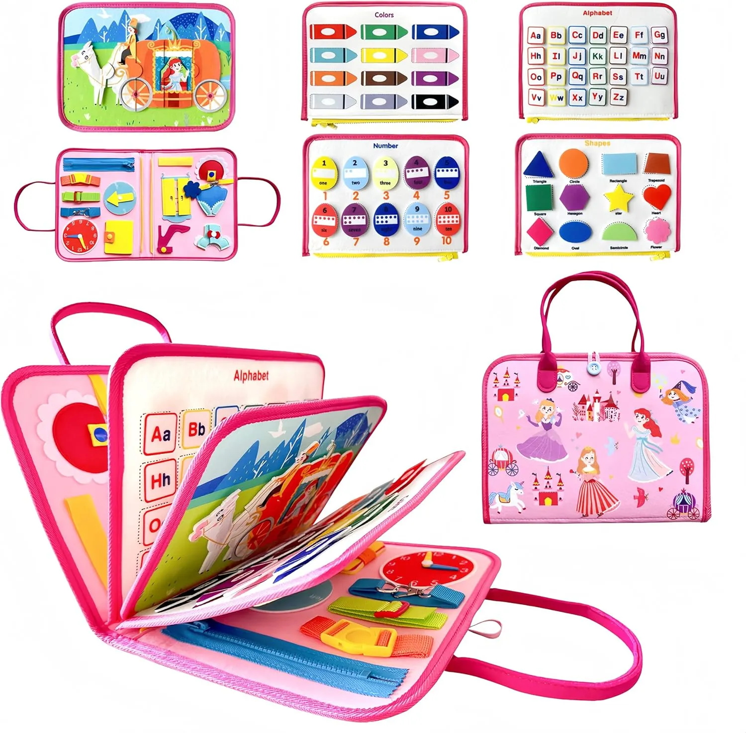 Busy Board Montessori Toy,Busy Book for Toddlers,Educational Activity Sensory Board,Toddler Travel Toy for Plane Car,Preschool Learning Fine Motor Skills Toys(Pink Princess)