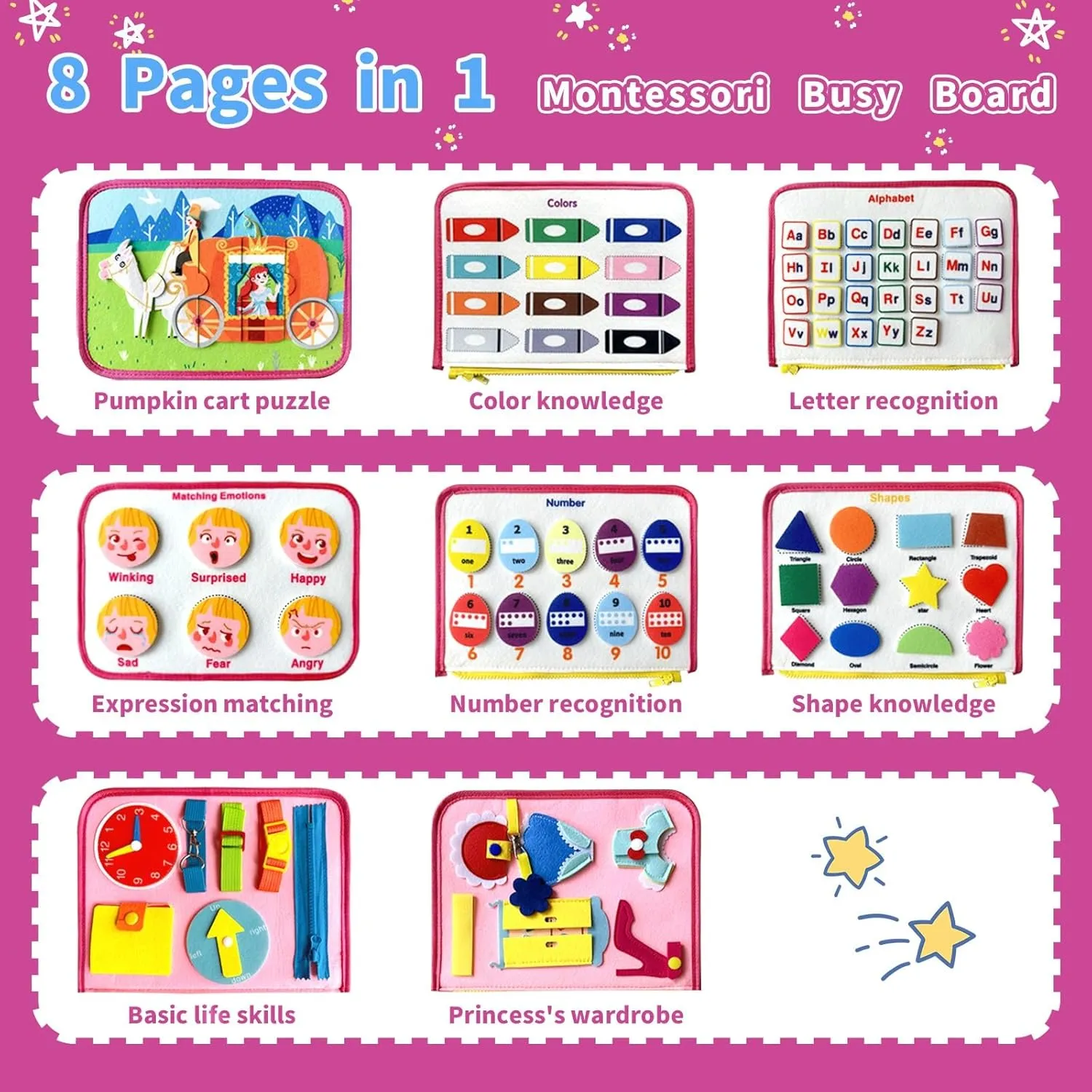 Busy Board Montessori Toy,Busy Book for Toddlers,Educational Activity Sensory Board,Toddler Travel Toy for Plane Car,Preschool Learning Fine Motor Skills Toys(Pink Princess)