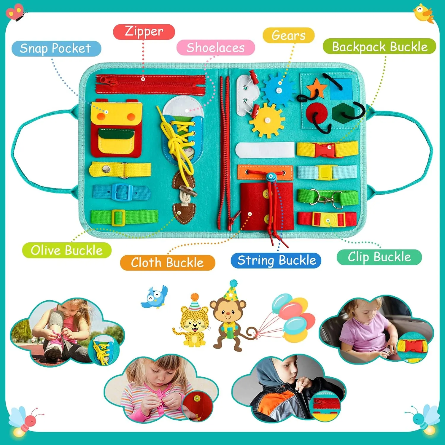 Busy Board Montessori Toys for 1 2 3 4 Year Old Boys & Girls Sensory Learning Activities Game with Alphabet Spelling & Toddler Kids Travel Busy Book & Birthday Gifts & Fine Dress Motor Skill