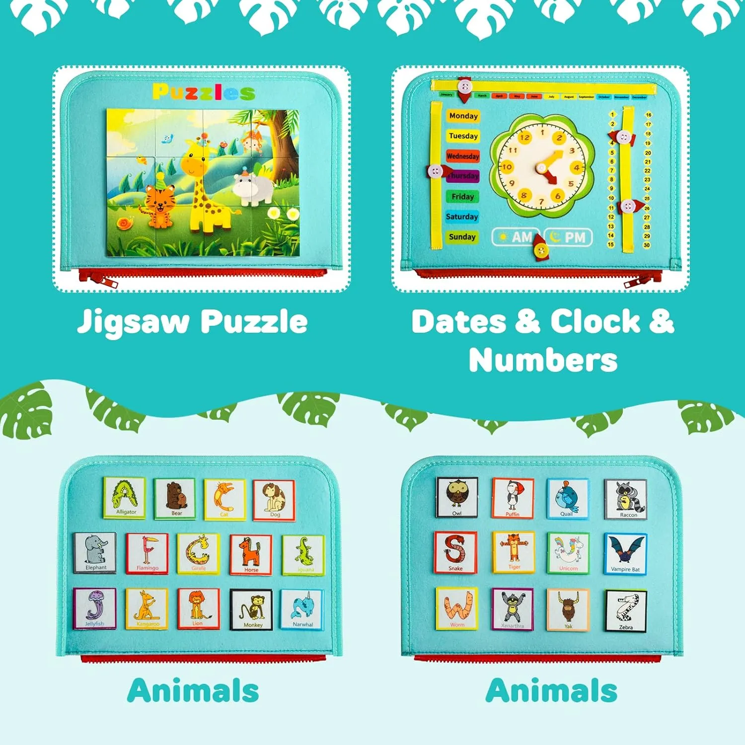Busy Board Montessori Toys for 1 2 3 4 Year Old Boys & Girls Sensory Learning Activities Game with Alphabet Spelling & Toddler Kids Travel Busy Book & Birthday Gifts & Fine Dress Motor Skill