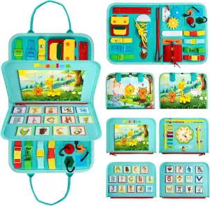 Busy Board Montessori Toys for 1 2 3 4 Year Old Boys & Girls Sensory Learning Activities Game with Alphabet Spelling & Toddler Kids Travel Busy Book & Birthday Gifts & Fine Dress Motor Skill