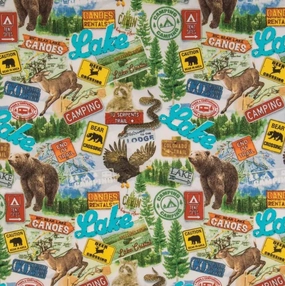 Cabin Camping Lodge Lakehouse Precut Cotton Calico Fabric - Wildlife Fishing Camper Deer Bear Eagles Racoons Northwoods Hiking Fishing - Fabric by They Yard - One Yard