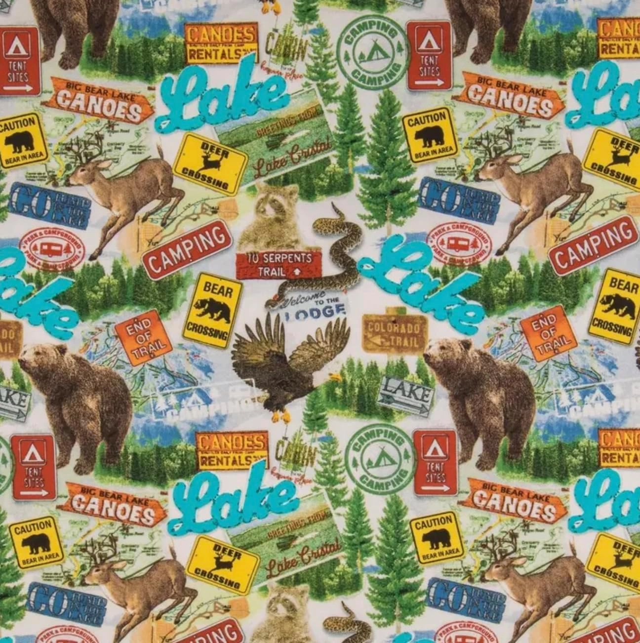 Cabin Camping Lodge Lakehouse Precut Cotton Calico Fabric - Wildlife Fishing Camper Deer Bear Eagles Racoons Northwoods Hiking Fishing - Fabric by They Yard - One Yard