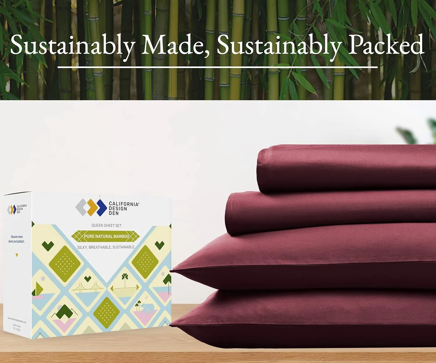 California Design Den Rayon from Bamboo Sheets Queen Size Bed Luxury Silk Sheets Cooling Sheets, Burgundy Bedsheets with Snug Fitted Deep Pockets (Queen, Burgundy)