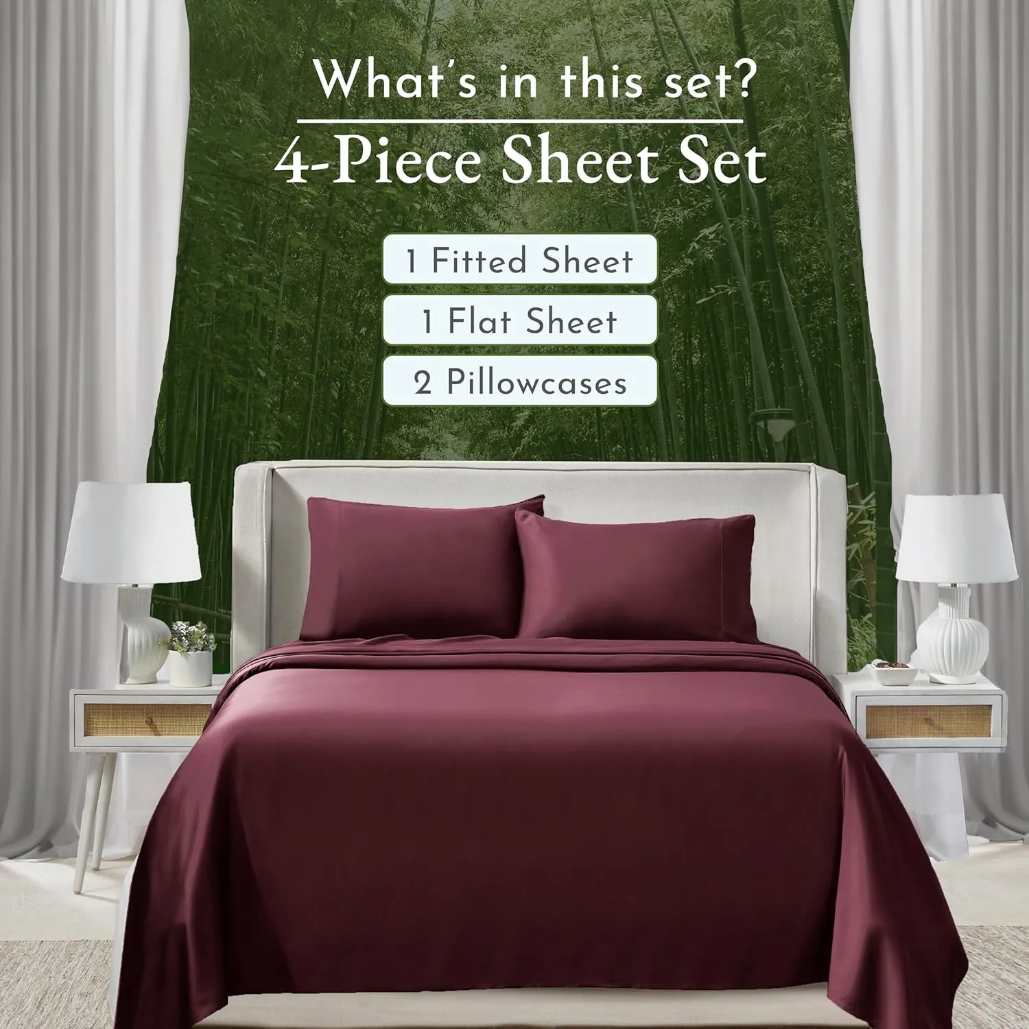 California Design Den Rayon from Bamboo Sheets Queen Size Bed Luxury Silk Sheets Cooling Sheets, Burgundy Bedsheets with Snug Fitted Deep Pockets (Queen, Burgundy)