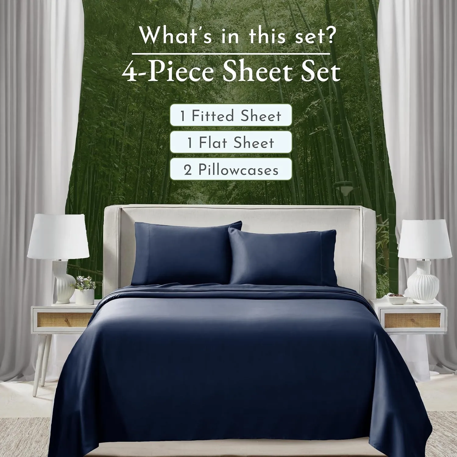 California Design Den Rayon from Bamboo Sheets Set, Cooling Queen Size Bed Luxury Silk Sheets, Bedsheets with Snug Fitted Deep Pockets (Queen, Navy Blue)
