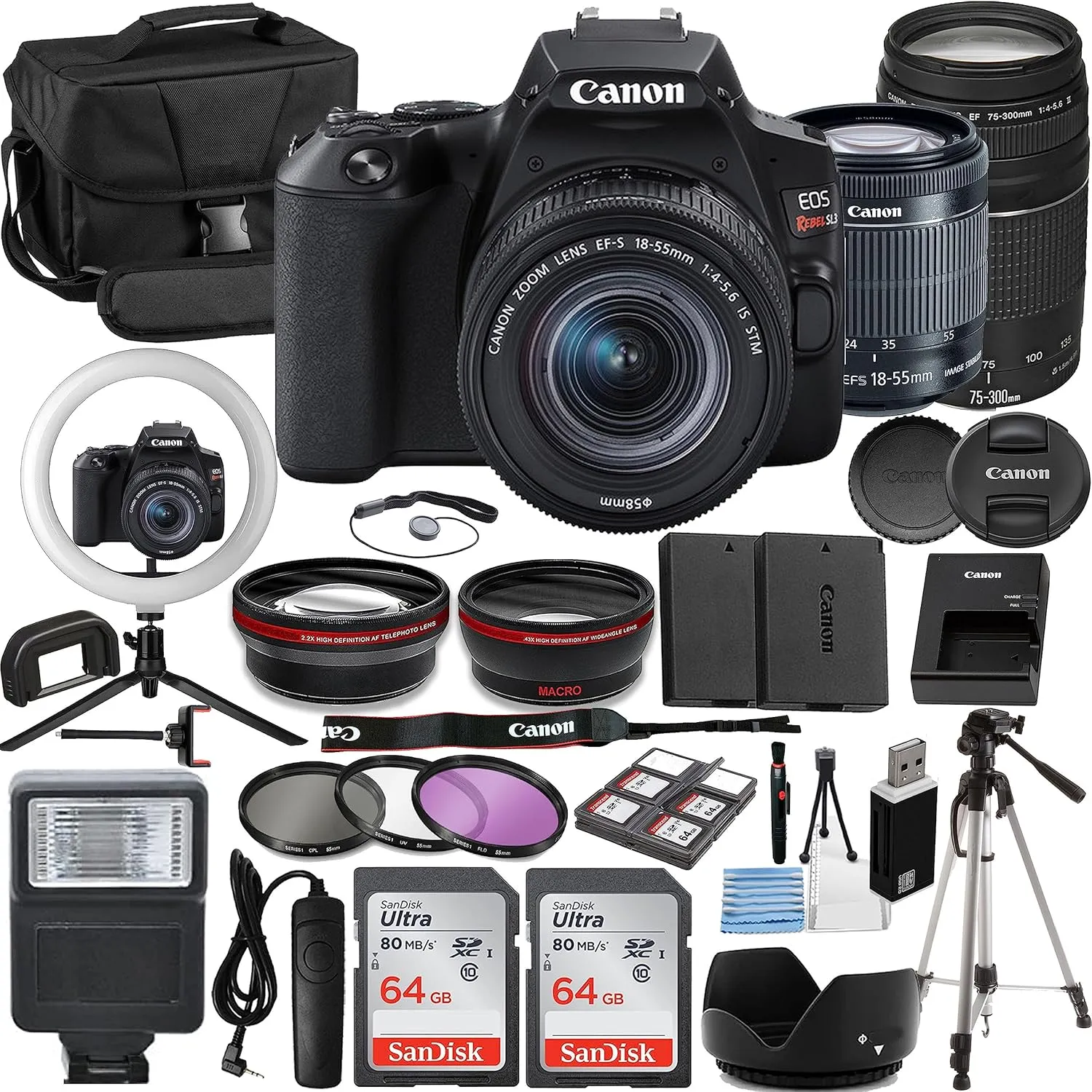 Canon Rebel SL3 Vlogger Kit:EF-S 18-55mm & EF 75-300mm Lenses,64GB Memory Card,Ring Light,Spider Tripod,3 Piece Filter Kit,Gadget Bag,Remote Shutter,USB Card Reader & Cleaning Kit (Renewed)