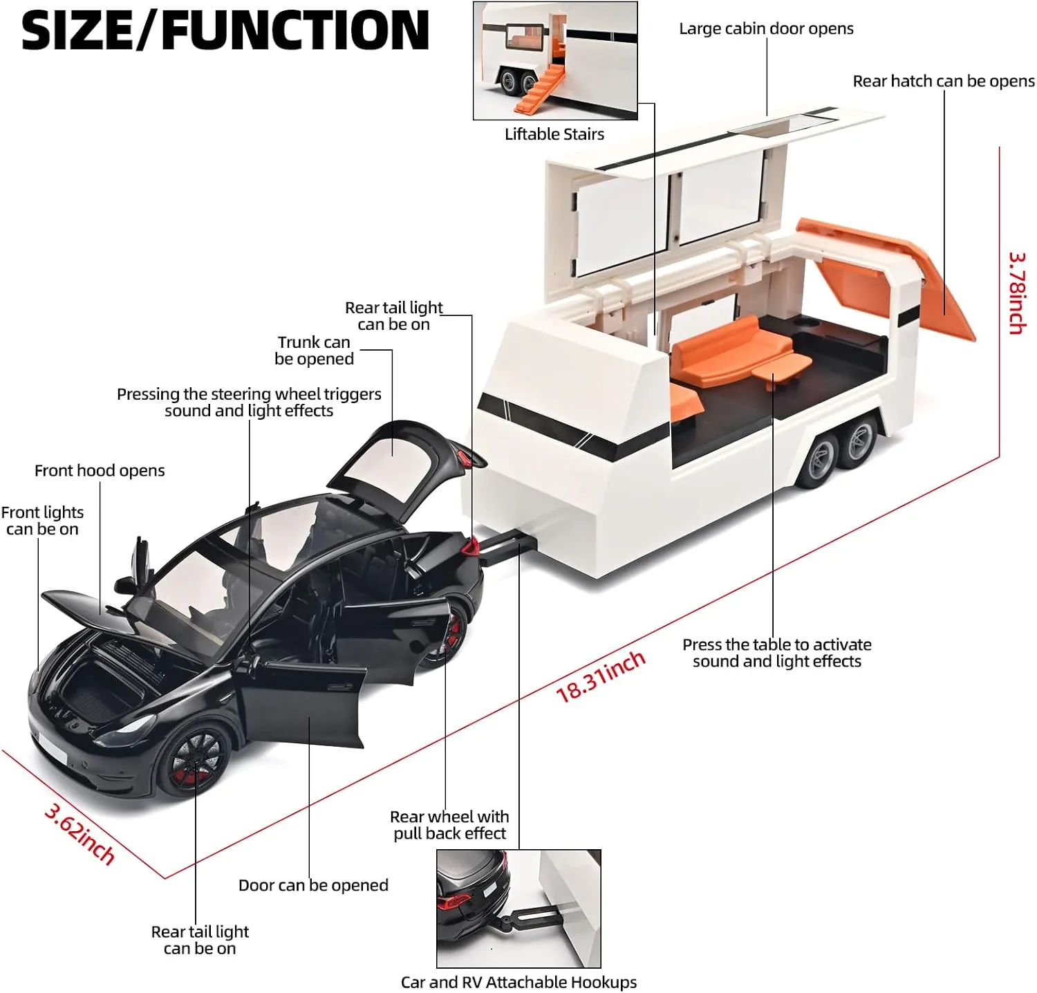 Car for Boys 1/24 Diecast Cars Y Toy Trailer,Die Cast Metal Y Toy Car,Metal Trailer Toys for Toddlers,Pull Back Cars with Light and Sound,Cars for Kids Ages 3-5（Black）