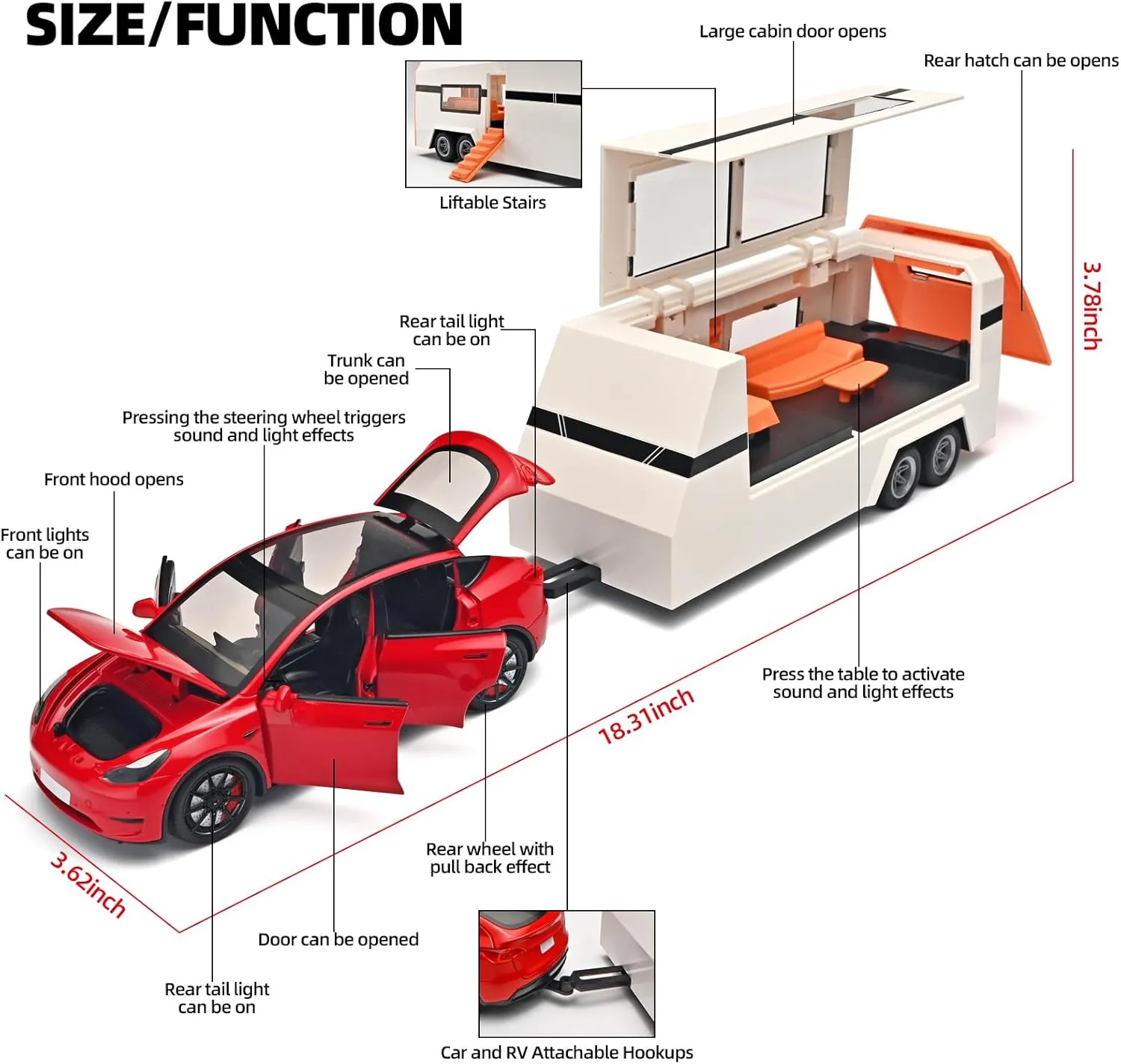 Car for Boys 1/24 Diecast Cars Y Toy Trailer,Die Cast Metal Y Toy Car,Metal Trailer Toys for Toddlers,Pull Back Cars with Light and Sound,Cars for Kids Ages 3-5（Red）