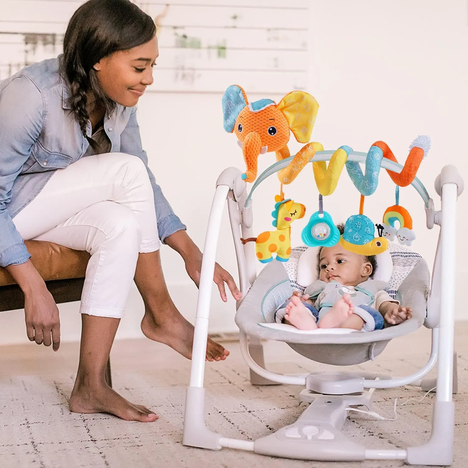 Car Seat Toys for Baby, Spiral Activity Stroller Toy for Infants 0-6 Months, Hanging Baby Toys Crib for Newborn 0 3 6 12 Months Developmental Toy with Music Box Rattle Squeaker- Orange Elephant