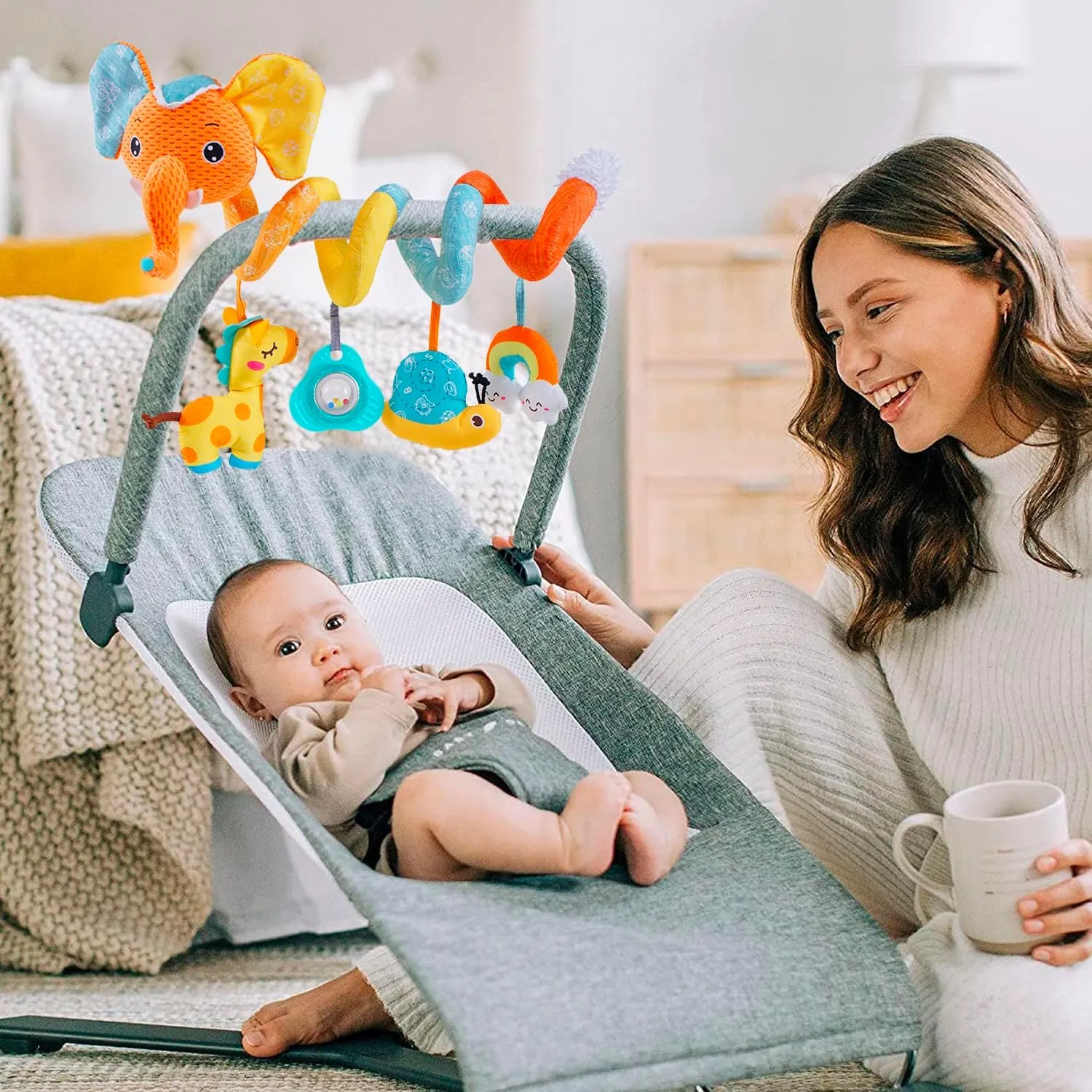 Car Seat Toys for Baby, Spiral Activity Stroller Toy for Infants 0-6 Months, Hanging Baby Toys Crib for Newborn 0 3 6 12 Months Developmental Toy with Music Box Rattle Squeaker- Orange Elephant