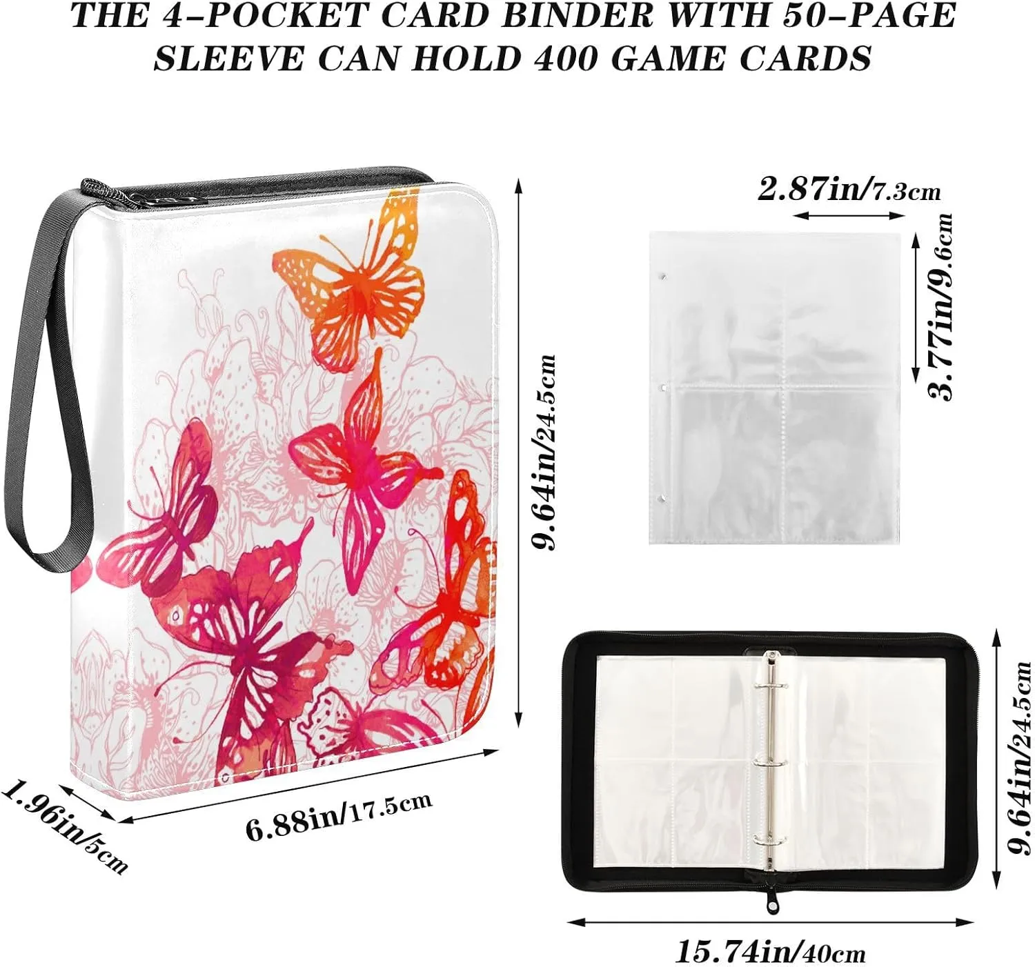 Card Binder 400 Pockets Trading Card Binder Holder with 50 Removable Sleeves,Card Binder Album with Zipper Portable Card Folder for Baseball Football Games Sports Cards,Butterflies Painted