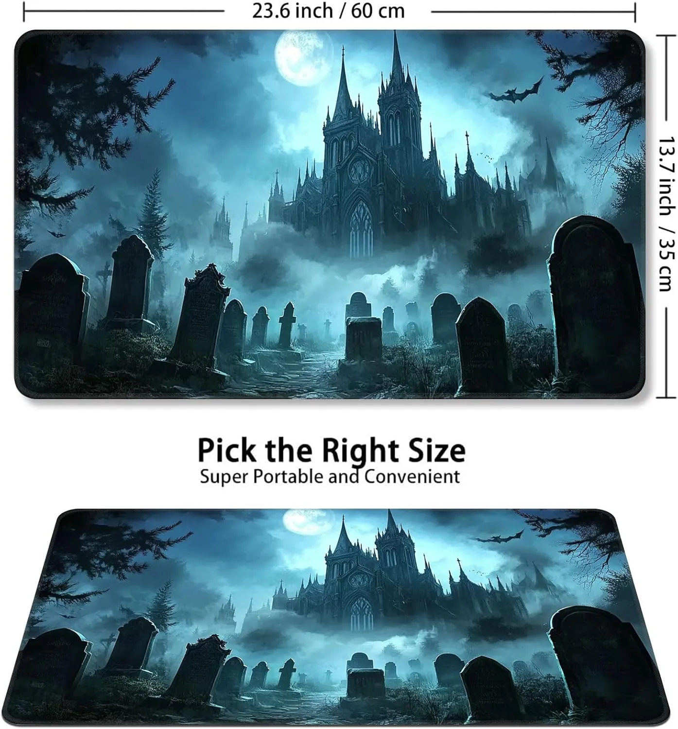 Card Game Playmat for MTG & TCG, 24x14 inch Non-Slip Magic Playmat, Durable Rubber Surface, Ideal for Card Games & Board Games, Portable with Storage Bag, Gothic Cemetery