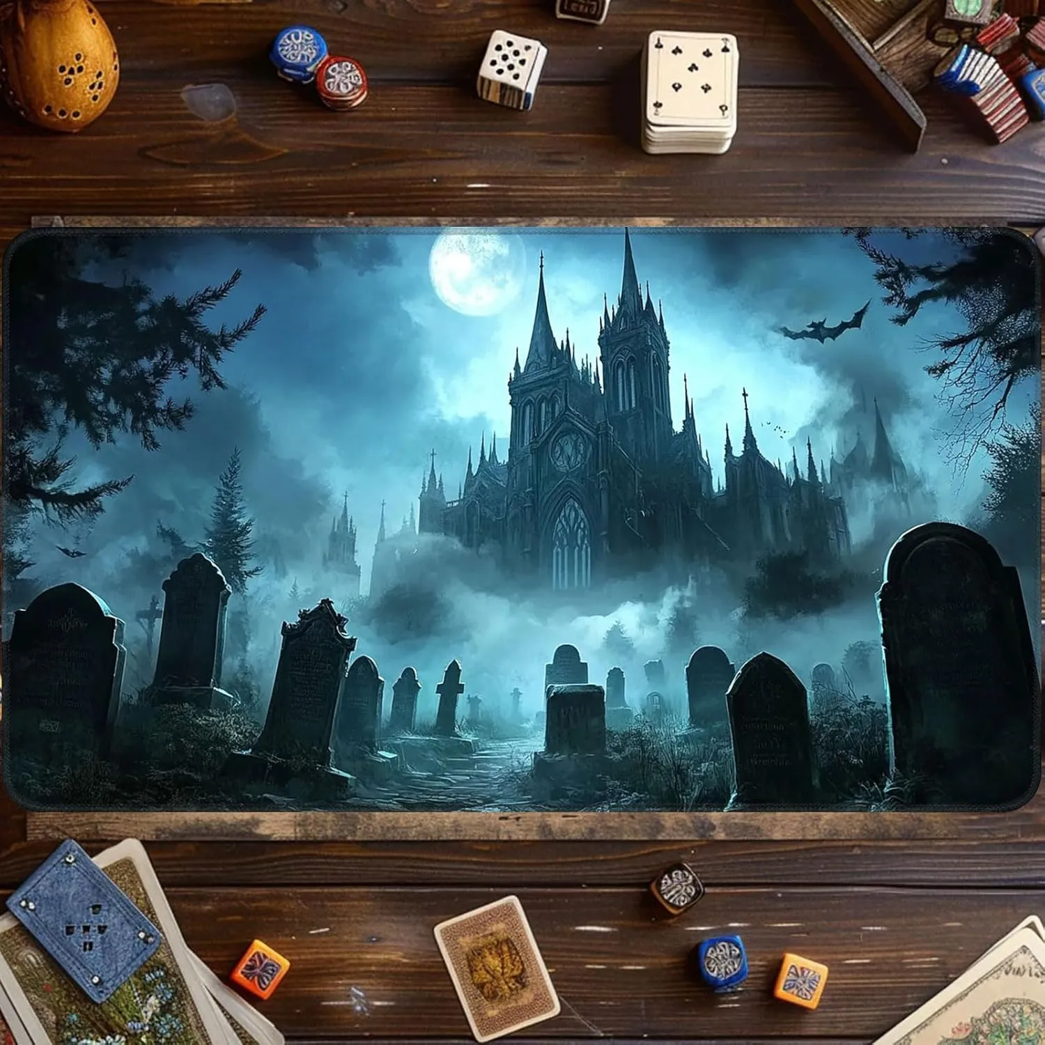 Card Game Playmat for MTG & TCG, 24x14 inch Non-Slip Magic Playmat, Durable Rubber Surface, Ideal for Card Games & Board Games, Portable with Storage Bag, Gothic Cemetery