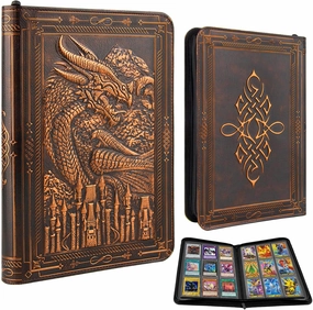 Card Binder 9 Pocket, 3D PU Leather Album with Zipper, 360 Side Loading Pockets for TCG, MTG, Lorcana, Other Collectible Cards, Trading Card Game Protective Folder Album (Reddish Brown)