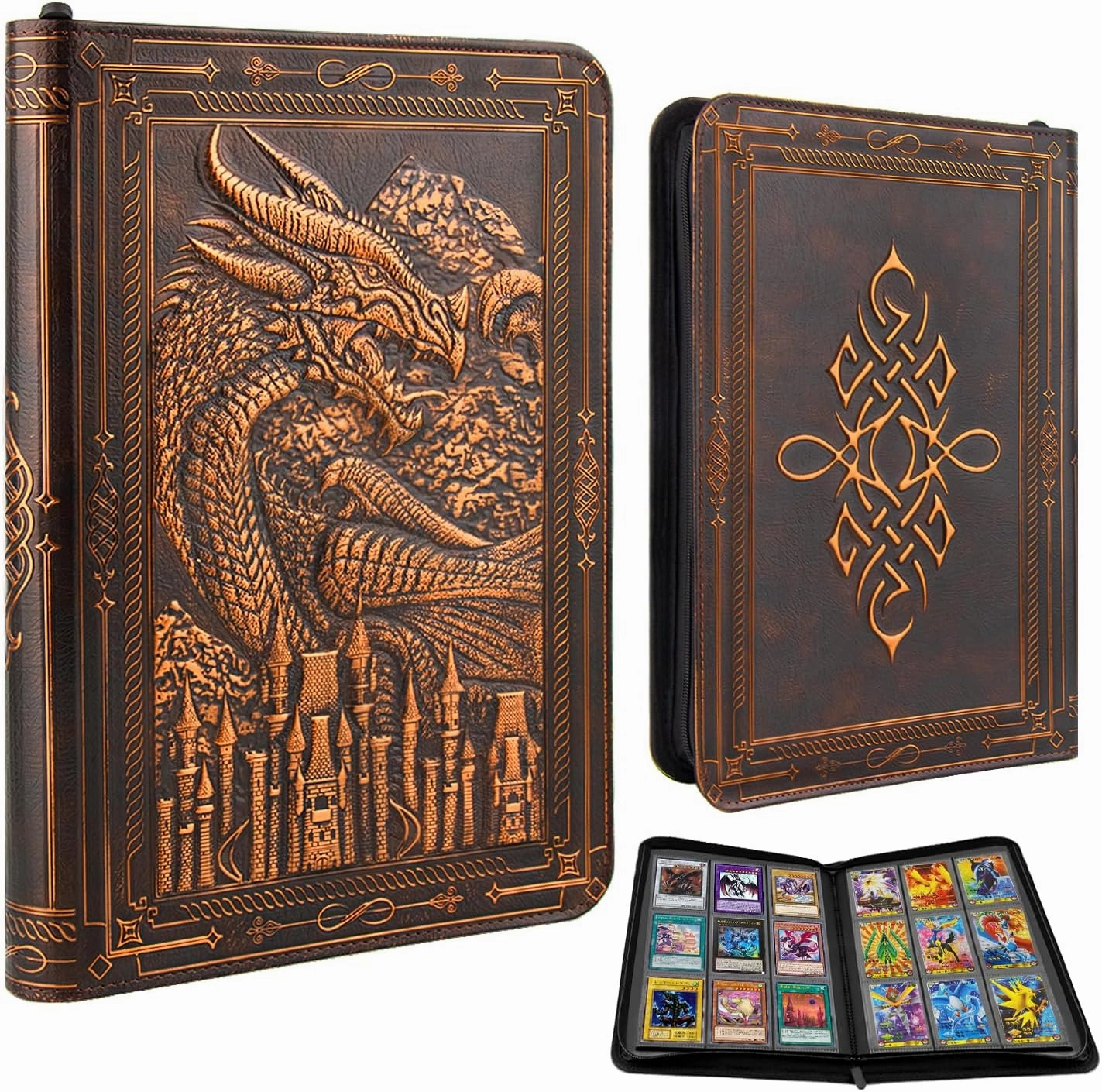 Card Binder 9 Pocket, 3D PU Leather Album with Zipper, 360 Side Loading Pockets for TCG, MTG, Lorcana, Other Collectible Cards, Trading Card Game Protective Folder Album (Reddish Brown)
