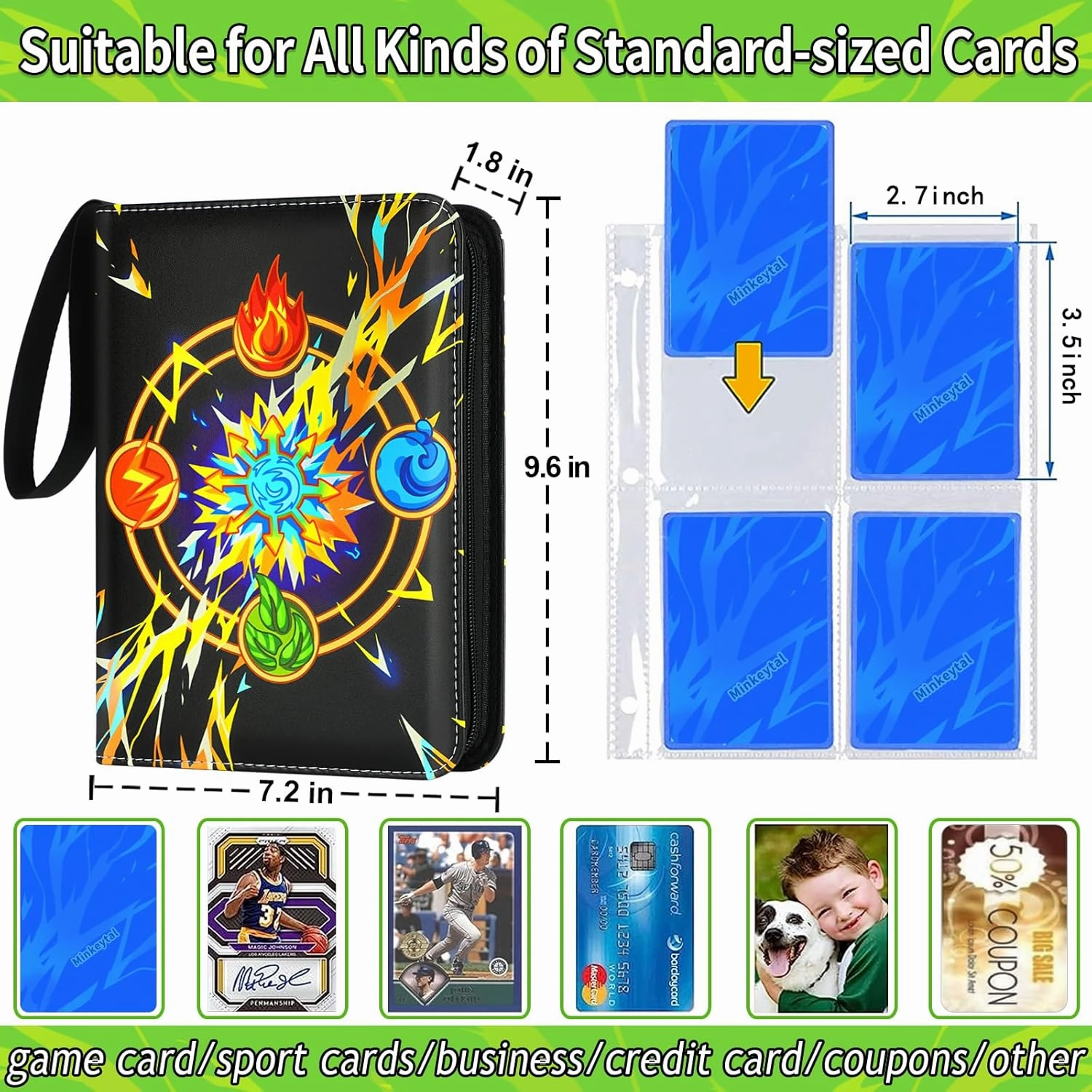 Card Binder for Cards, 4-Pocket Trading Card Binder with 50 Removable Sleeves Fits 400 Cards, Great Creative Design Card Collection Binder Album Gift for Boys Girls Aged 4 to 16 (400 Pockets)
