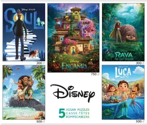 Ceaco - 5 in 1 Multipack – Disney Movie Posters – Encanto, Moana, Luca, Soul & Raya and The Last Dragon - (2) 300 Piece, (2) 500 Piece, (1) 750 Piece Jigsaw Puzzles