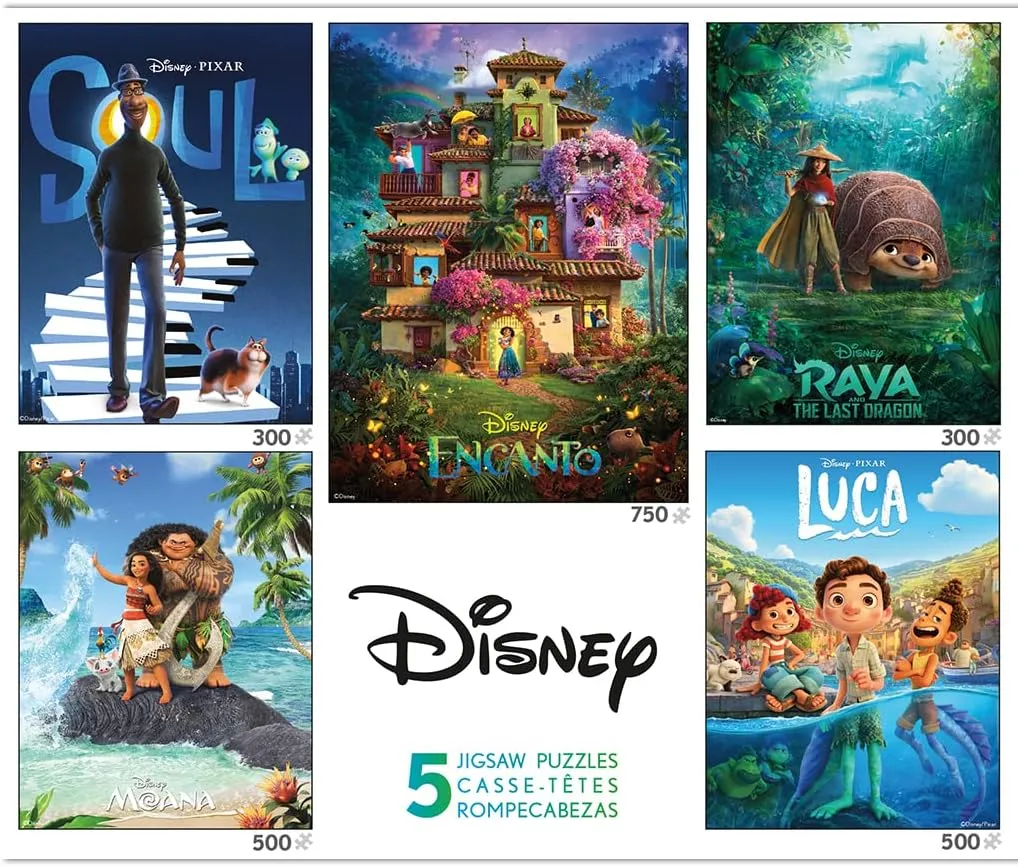 Ceaco - 5 in 1 Multipack – Disney Movie Posters – Encanto, Moana, Luca, Soul & Raya and The Last Dragon - (2) 300 Piece, (2) 500 Piece, (1) 750 Piece Jigsaw Puzzles