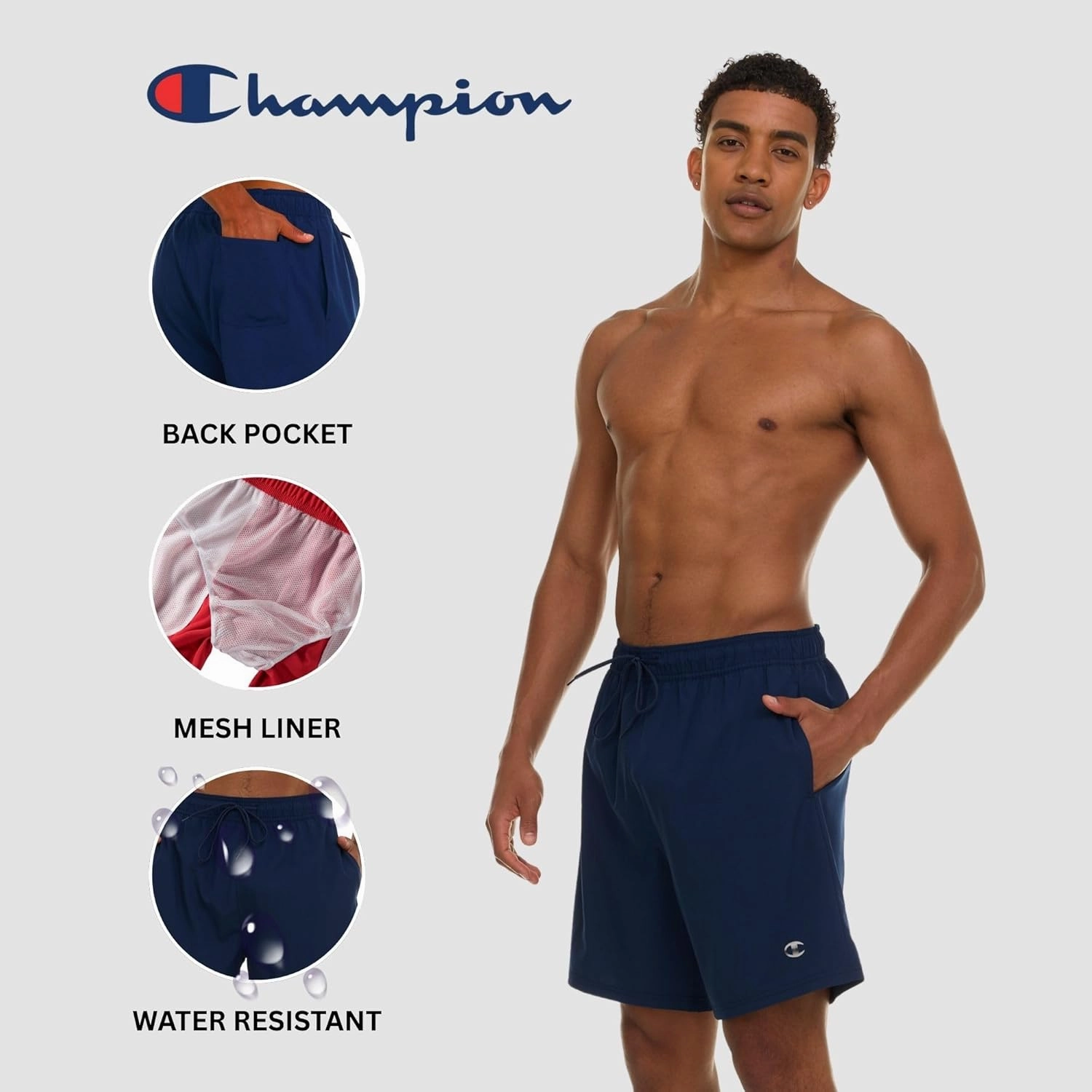 Champion Mens Swim Trunks with Mesh Liner, Quick Drying Mens Bathing Suit, Board Shorts for Swimming and Beach