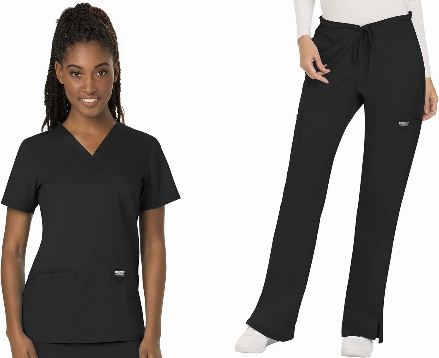 Cherokee Scrub Set For Women Modern Classic Fit 3 Pockets V-Neck Top WW620 with 5 Pockets Moderate Flare Leg Pant WW120