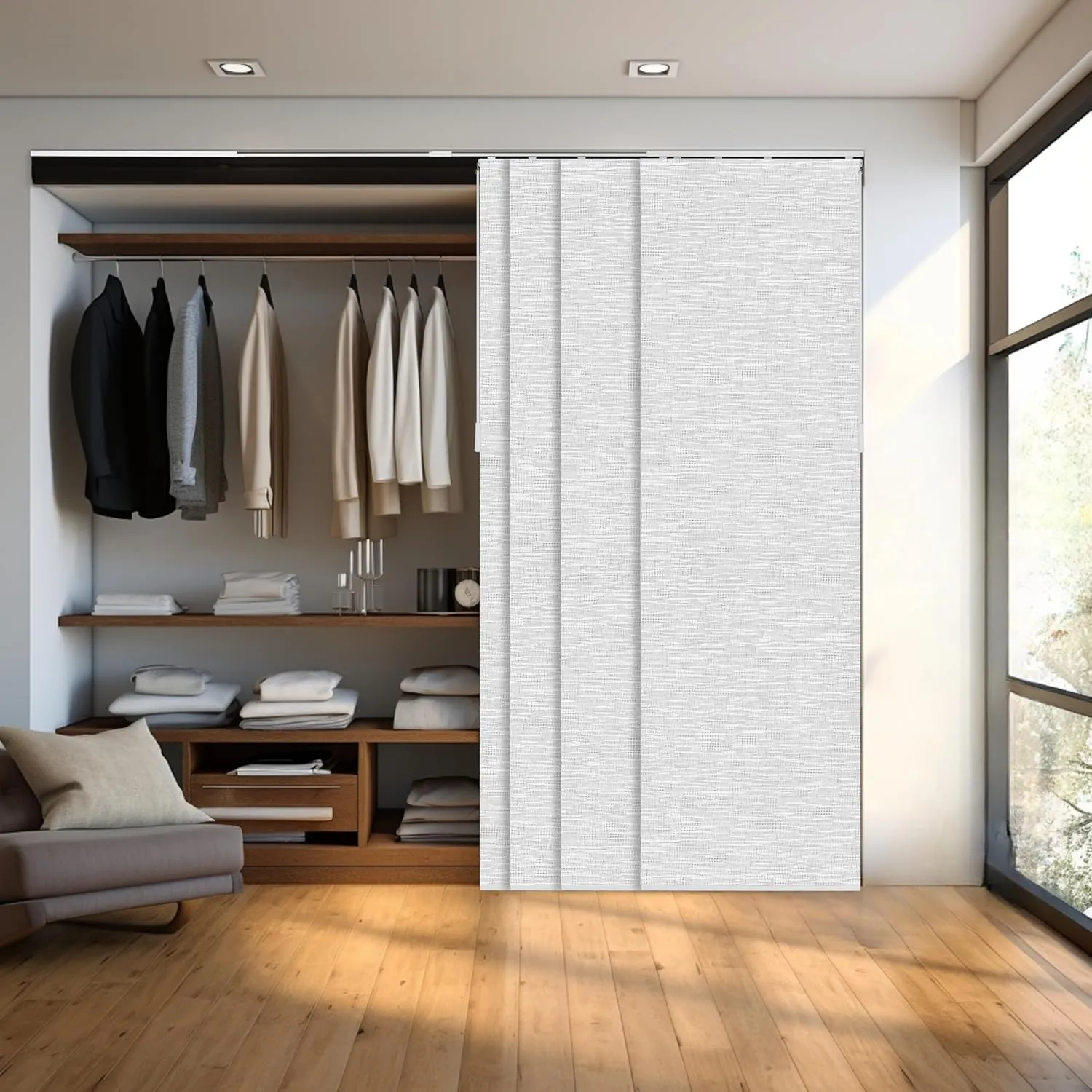 CHICOLOGY Embossed Textured Weave Fabric, Sliding Door Blinds , Room Divider ,Vertical Blinds for Patio Doors , Sliding Glass Door Blinds, Chalk White, W:46-86 x H: Up to-96 inches