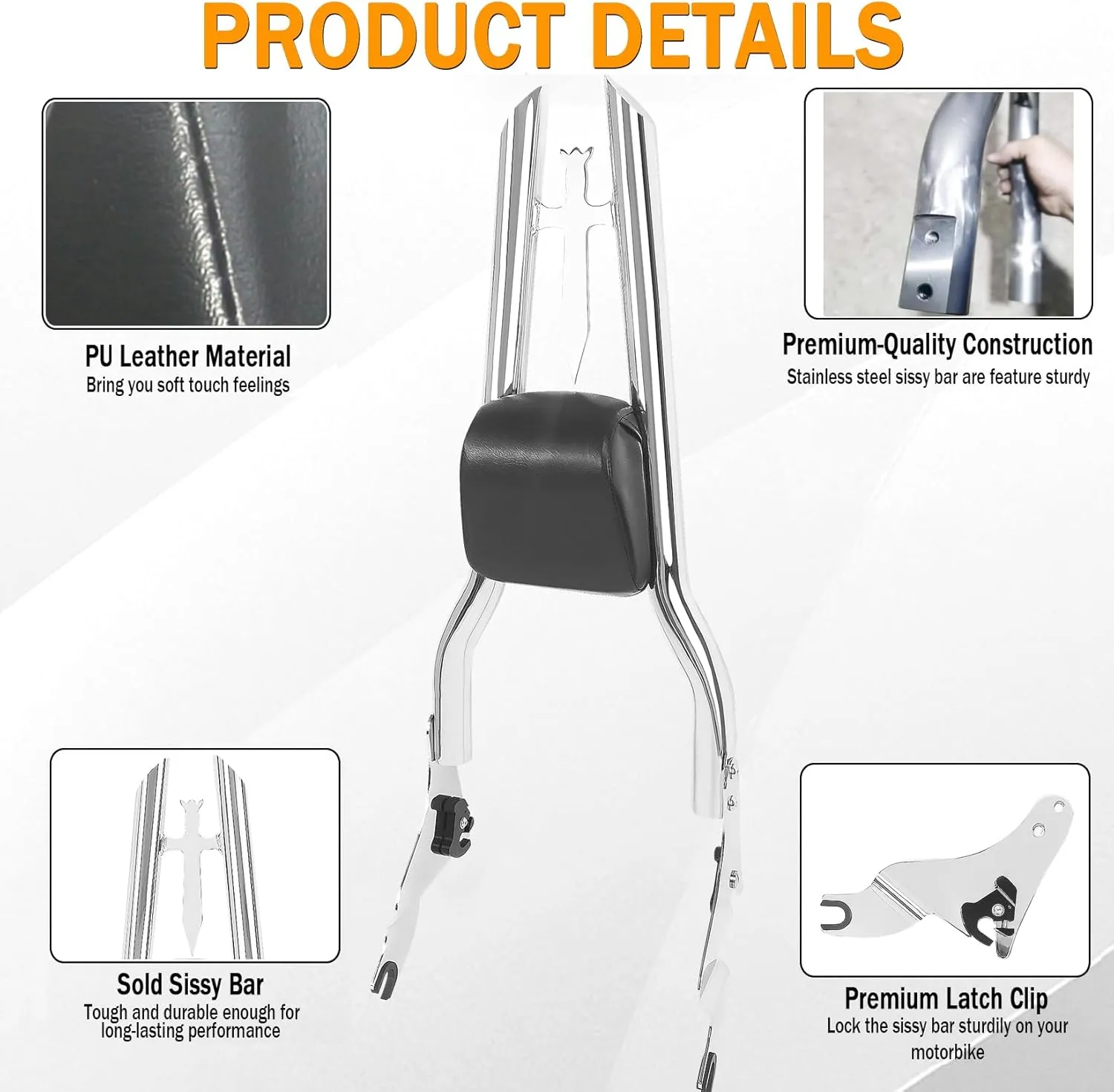 Chrome Detachable Sissy Bar Passenger Backrest Rear Pad for Harley Davidson Touring Models 2009-2024 Street Glide, CVO Road Glide Road King Ultra Limited Electra Glide (30" Tall)