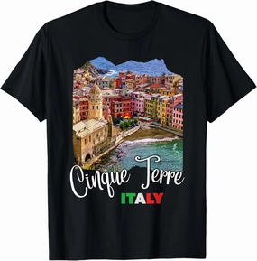 Cinque Terre Aerial View T-Shirt, Unisex-Adults, Black, Small, Short Sleeve