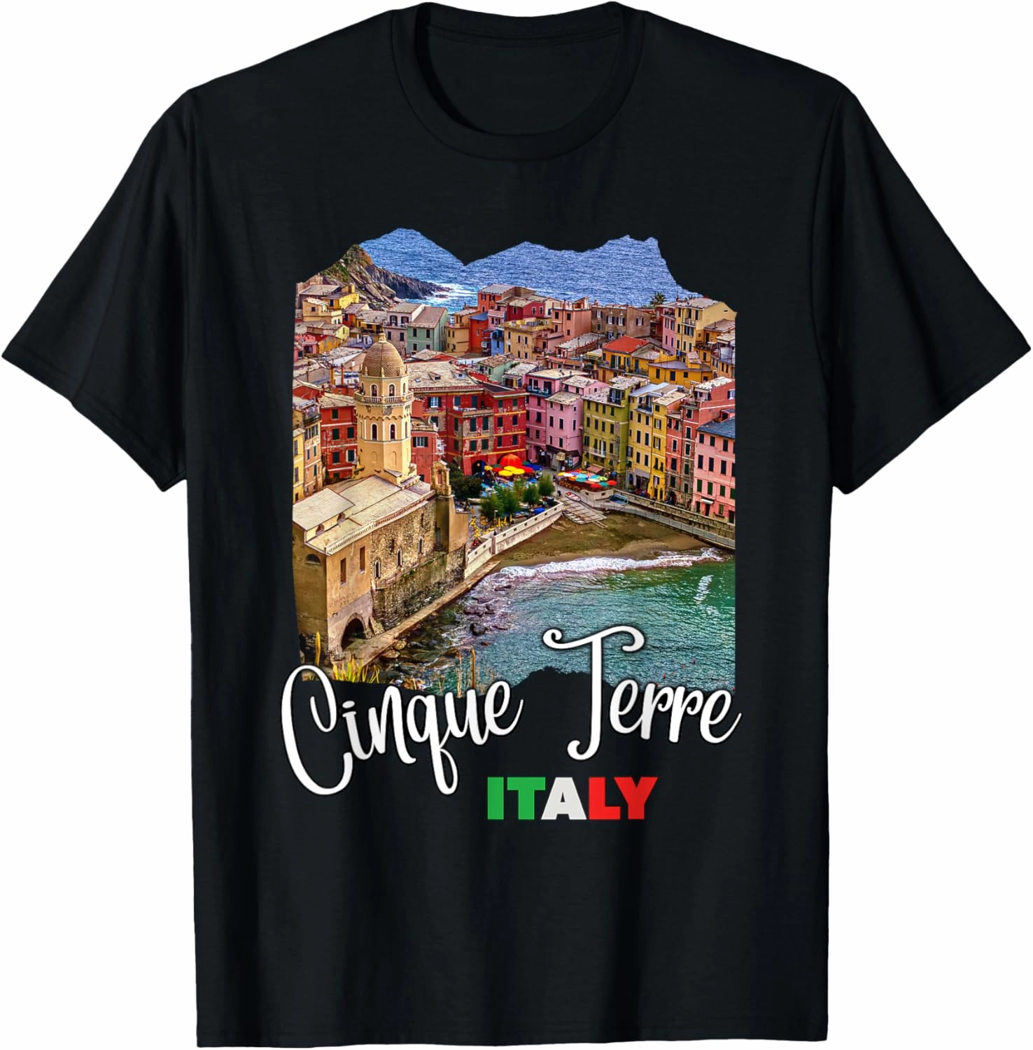 Cinque Terre Aerial View T-Shirt, Unisex-Adults, Black, Small, Short Sleeve