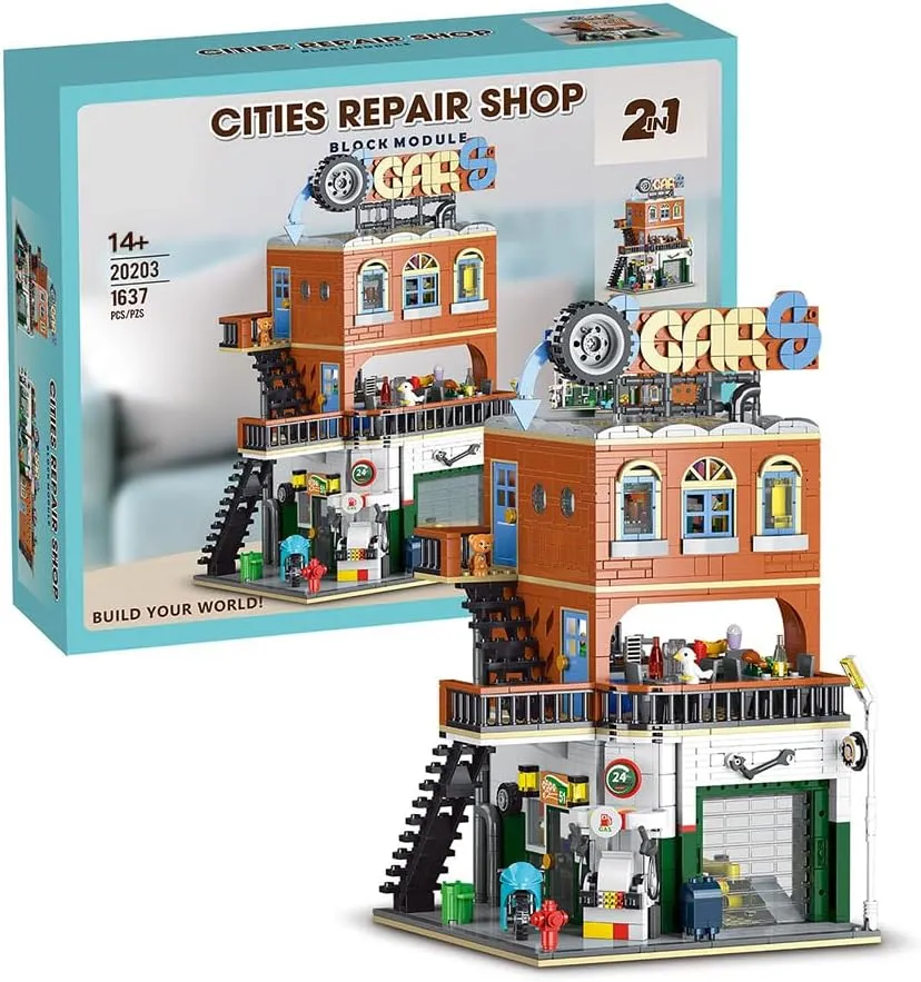 Cities Repair Shop Architecture Building Bricks Set,2in1 Automotive Car Repair Shop City House Modular Brick with LED Light,Collectible Model Present for Adult 1637 Pieces