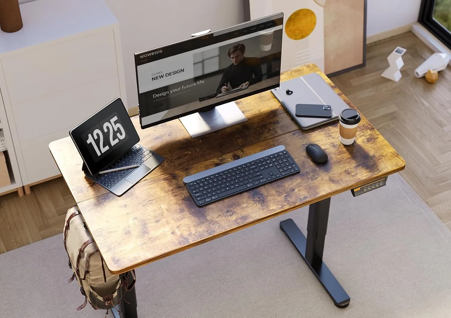 Claiks Electric Standing Desk, Adjustable Height Stand up Desk, 40x24 Inches Sit Stand Home Office Desk with Splice Board, Black Frame/Rustic Brown Top