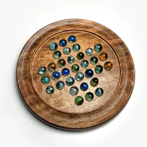 Classic Wooden Solitaire Board Game with Colorful Marbles - Timeless Strategy Fun for 15  Yeras Ages Brain Development Board Game Dia 9 inch with Extra Marbles Set (Multicolor Balls)