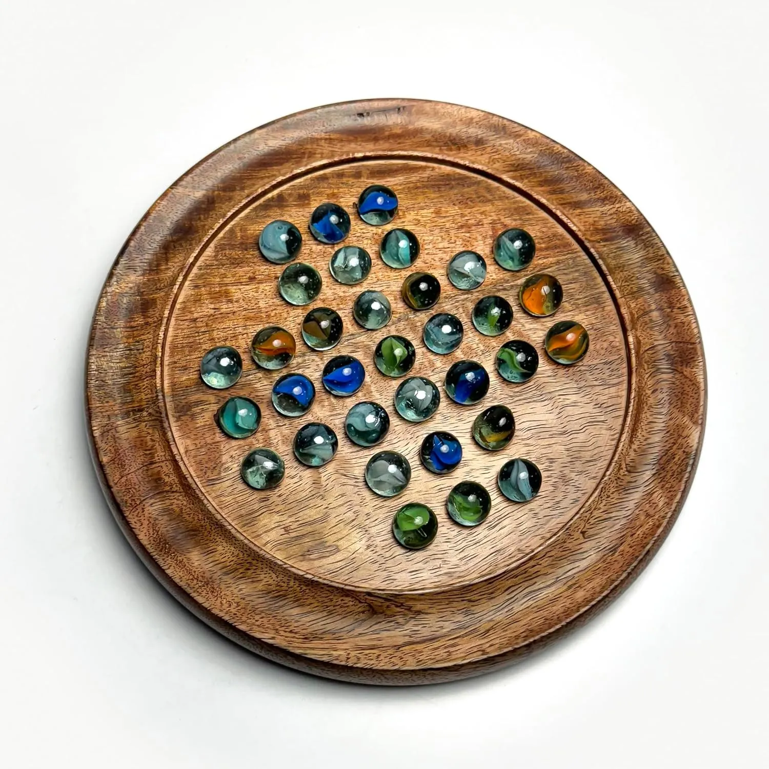 Classic Wooden Solitaire Board Game with Colorful Marbles - Timeless Strategy Fun for 15  Yeras Ages Brain Development Board Game Dia 9 inch with Extra Marbles Set (Multicolor Balls)