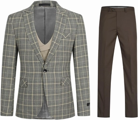 Cloudstyle Mens 3 Piece Slim fit Checked Suit Blue/Black Single Breasted Vintage Suits
