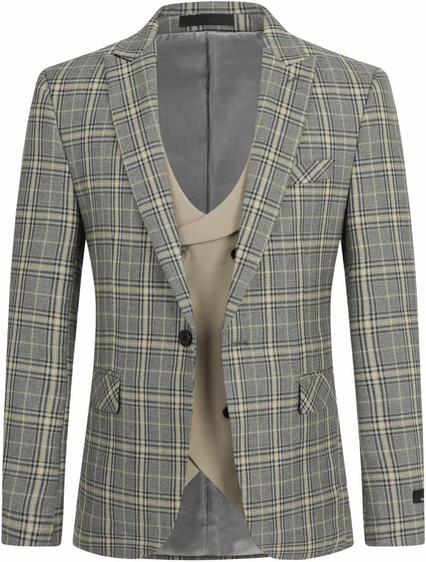 Cloudstyle Mens 3 Piece Slim fit Checked Suit Blue/Black Single Breasted Vintage Suits