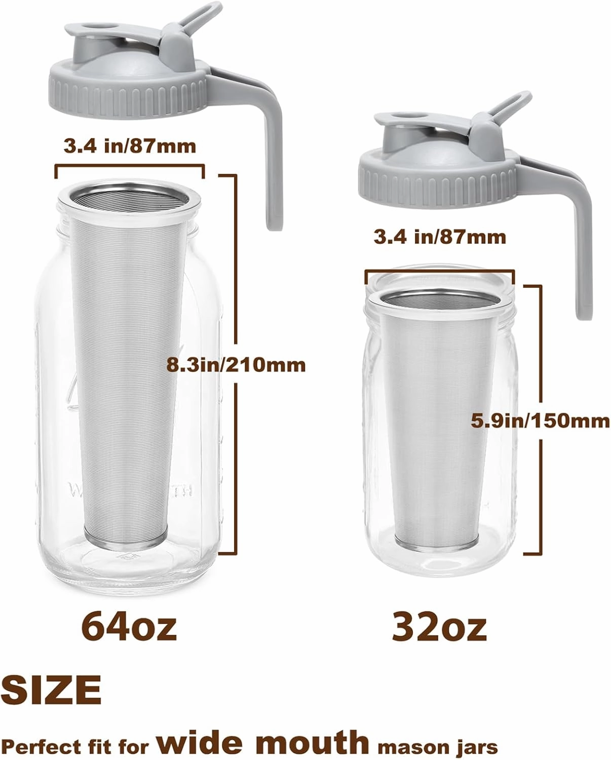 Cold Brew Coffee Filter with Pour Spout Lid for 64 OZ Wide Mouth Mason Jar, 304 Stainless Steel Strainer with Seal Ring for Iced Drinks, Sun Tea Infuser and Cold Brew Coffee Maker