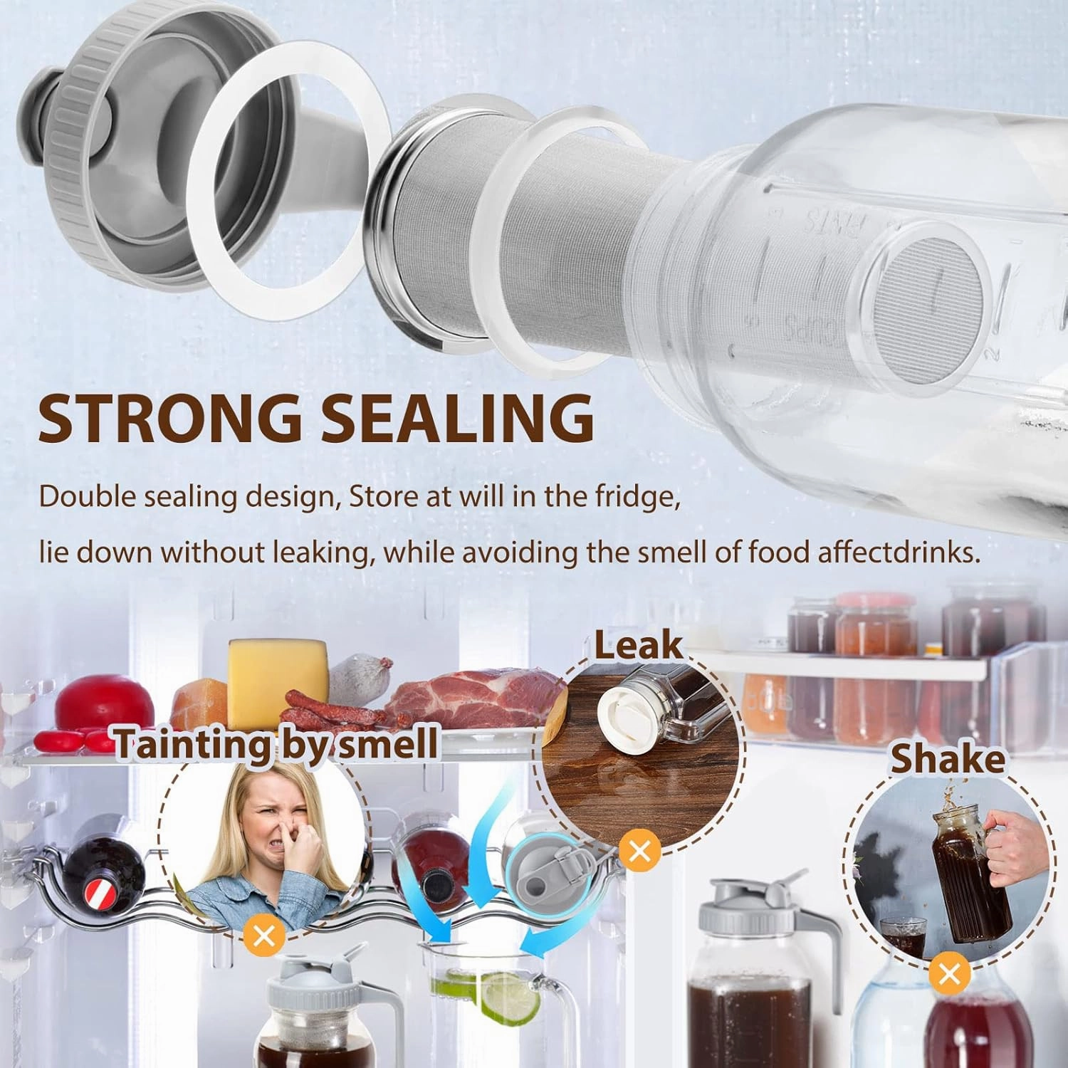 Cold Brew Coffee Filter with Pour Spout Lid for 64 OZ Wide Mouth Mason Jar, 304 Stainless Steel Strainer with Seal Ring for Iced Drinks, Sun Tea Infuser and Cold Brew Coffee Maker
