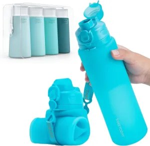 Collapsible 32oz Silicone Water Bottle, Foldable Travel Bottle with Strap, BPA Free, Leakproof for Hiking, International Travel, Outdoors (Black)