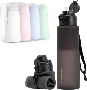 Collapsible 32oz Silicone Water Bottle, Foldable Travel Bottle with Straw, BPA Free, Leakproof for Hiking, International Travel, Outdoors
