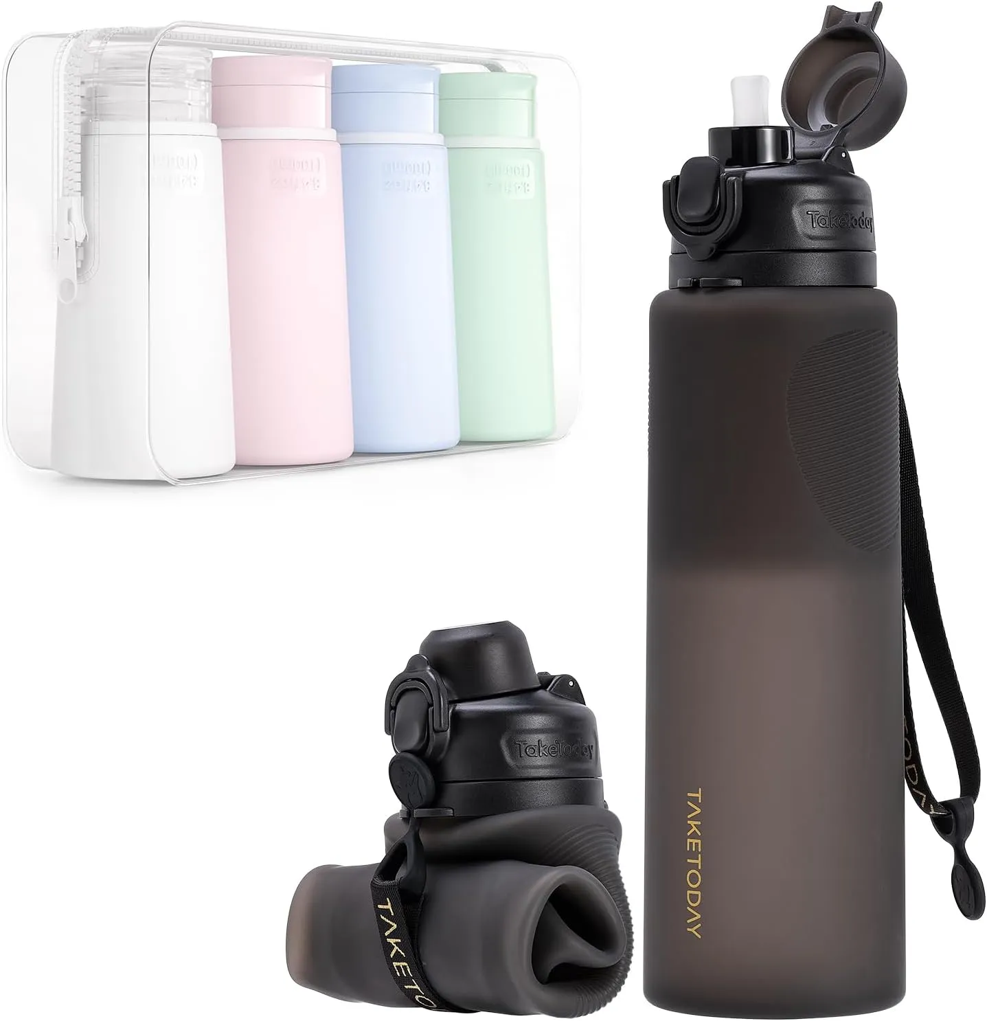 Collapsible 32oz Silicone Water Bottle, Foldable Travel Bottle with Straw, BPA Free, Leakproof for Hiking, International Travel, Outdoors