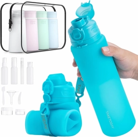 Collapsible Water Bottles 32oz, Foldable Travel Water Bottle with Strap, BPA Free, Silicone Water Bottle Leakproof for Hiking, International Travel, Outdoors (Blue)