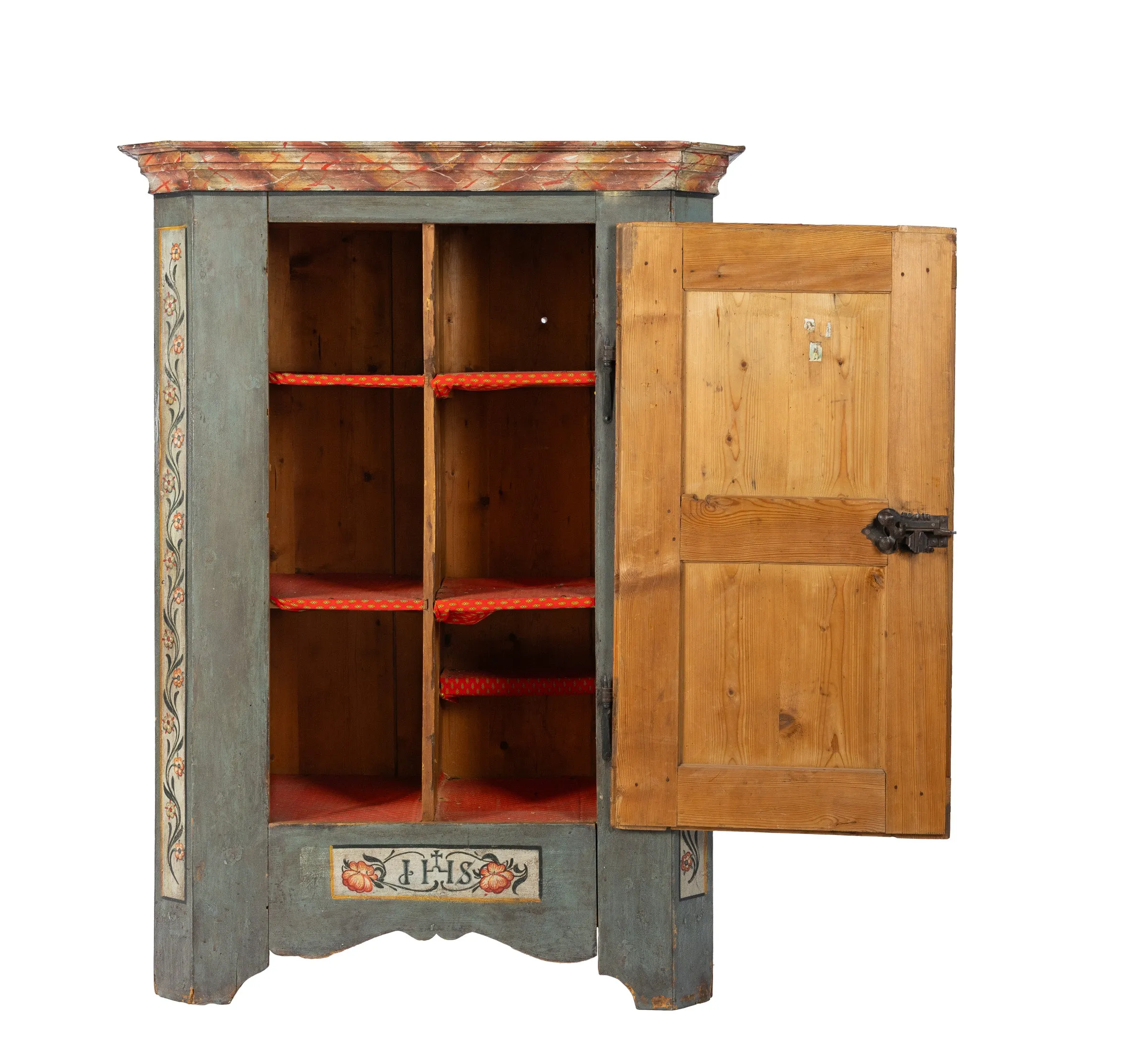 Collectible 19th Century hand-painted Alpine Armoire featuring intricate floral motifs and a dated inscription '1847' showcasing exquisite European craftsmanship