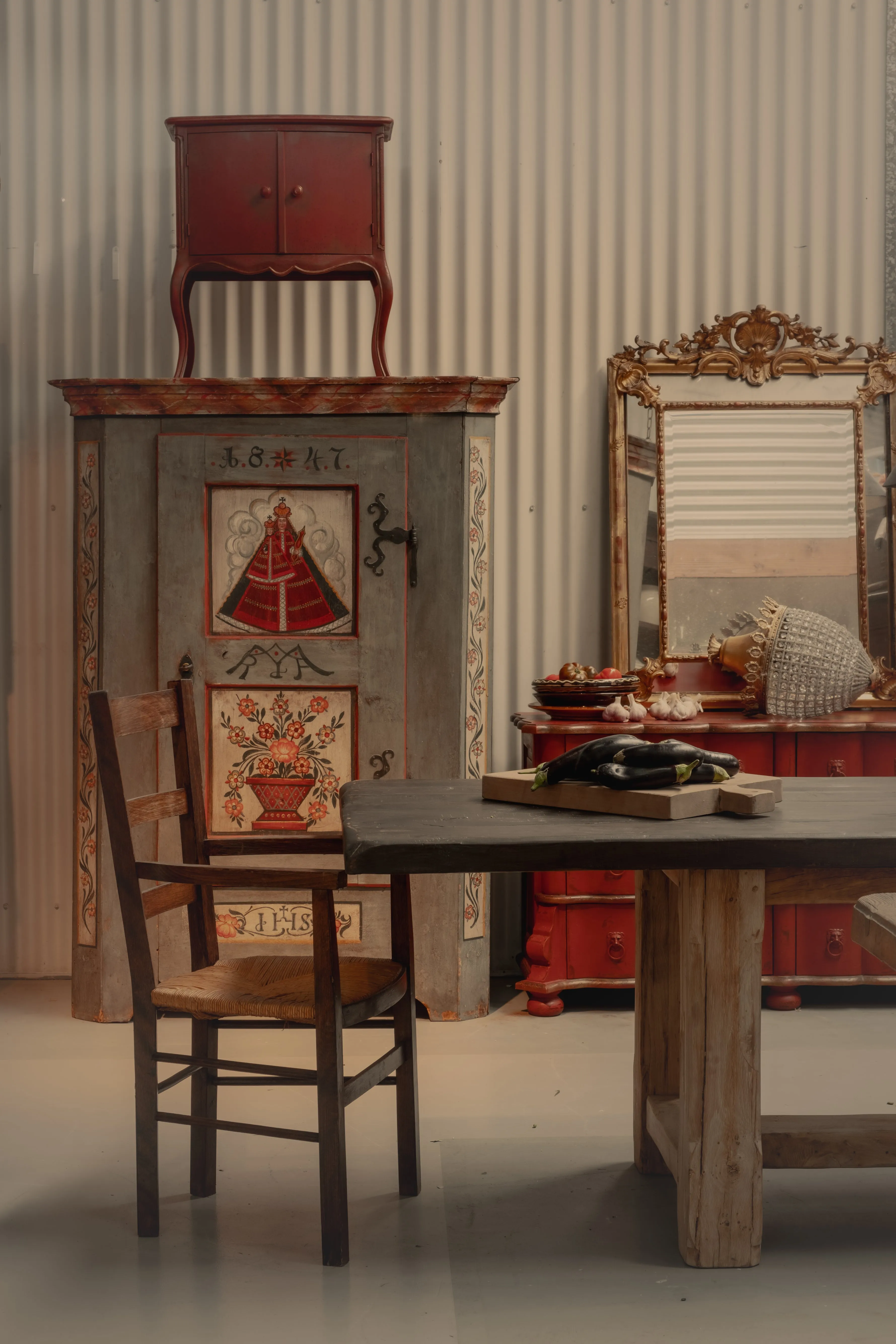 Collectible 19th Century hand-painted Alpine Armoire featuring intricate floral motifs and a dated inscription '1847' showcasing exquisite European craftsmanship