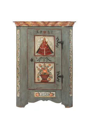 Collectible 19th Century hand-painted Alpine Armoire featuring intricate floral motifs and a dated inscription '1847' showcasing exquisite European craftsmanship