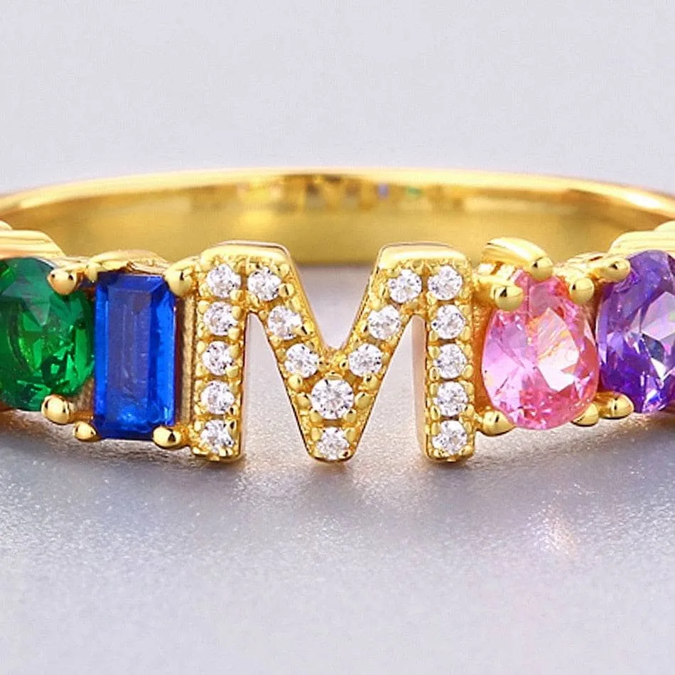 Colorful Diamond Alphabet Letters Adjustable Ring