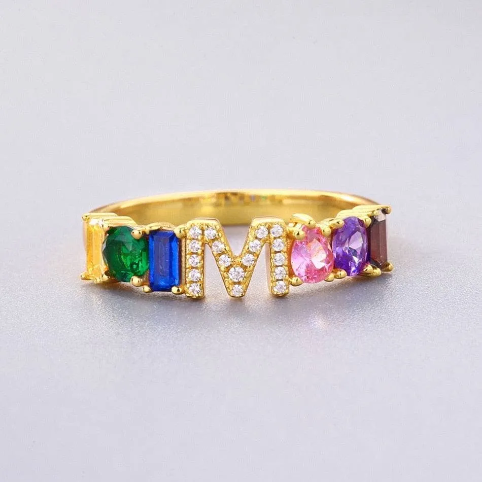 Colorful Diamond Alphabet Letters Adjustable Ring